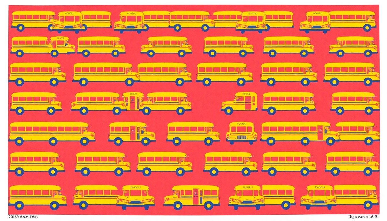 A vibrant, high-contrast silkscreen print of a stylized school bus icon repeated in a grid, conceptually representing the transportation challenges that contribute to chronic student absenteeism.