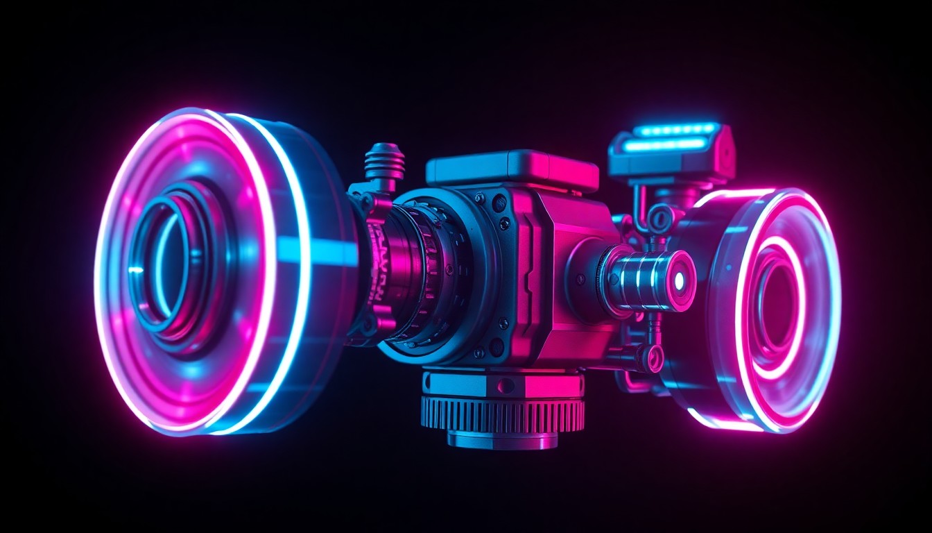 A highly detailed, glowing 3D macro illustration of a complex, futuristic sensor array with various illuminated components, representing the advanced capabilities of the RAIVEN Staring system.