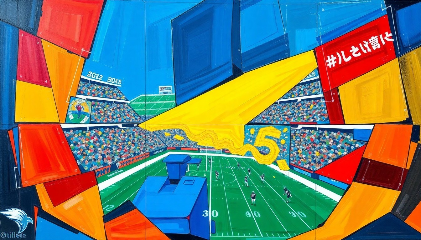 A cubist, geometric painting depicting a fragmented football scene, with sharp planes of color and overlapping shapes representing the Rams' focus on building a contending roster around Matthew Stafford.