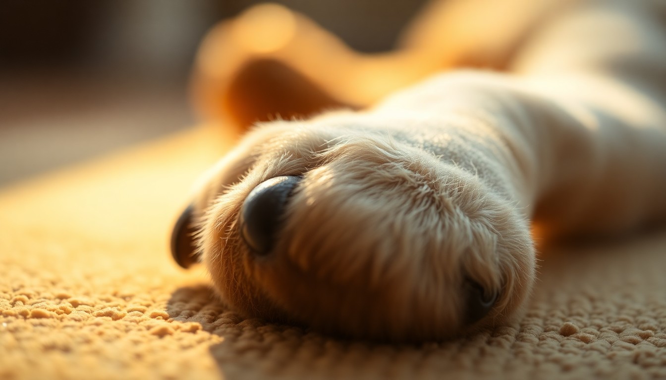 An extremely abstracted, out-of-focus photograph of a dog's paw resting on a soft, textured surface, with warm, golden light and color surrounding it, conceptually representing the care and comfort provided by foster homes for rescued animals.