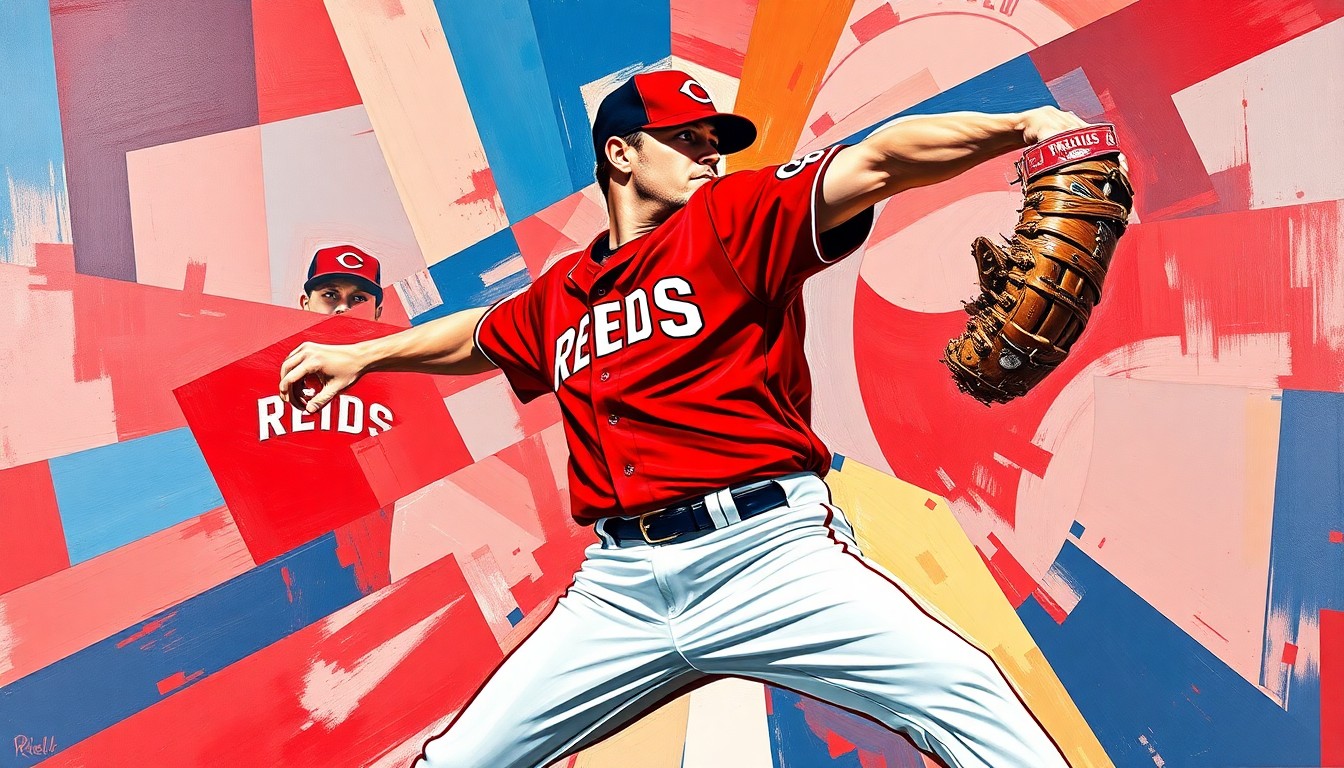 A cubist-style painting depicting a Reds relief pitcher in mid-delivery, with his body and motion broken down into sharp, overlapping geometric shapes and planes in a vibrant color palette of red, blue, and white.