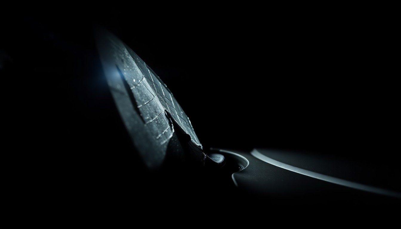 An extreme close-up photograph of a damaged car part, such as a broken side mirror or cracked windshield, lit by a harsh, direct camera flash against a pitch-black background, conceptually illustrating the aftermath of a serious vehicle collision.