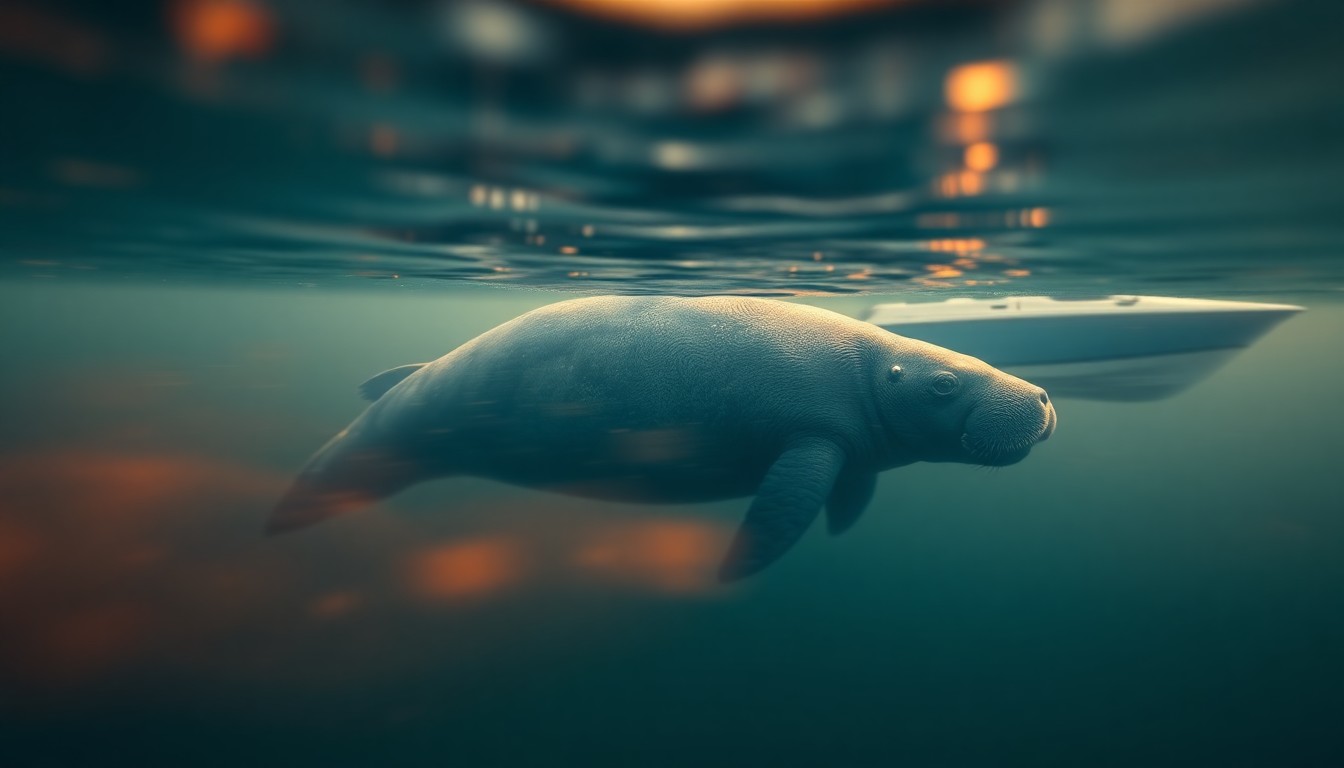 An abstract, impressionistic photograph showing the blurred outline of a manatee swimming up to a boat, with soft, warm colors and a sense of movement and fluidity, conceptually representing the manatee's unexpected interaction with the police vessel.