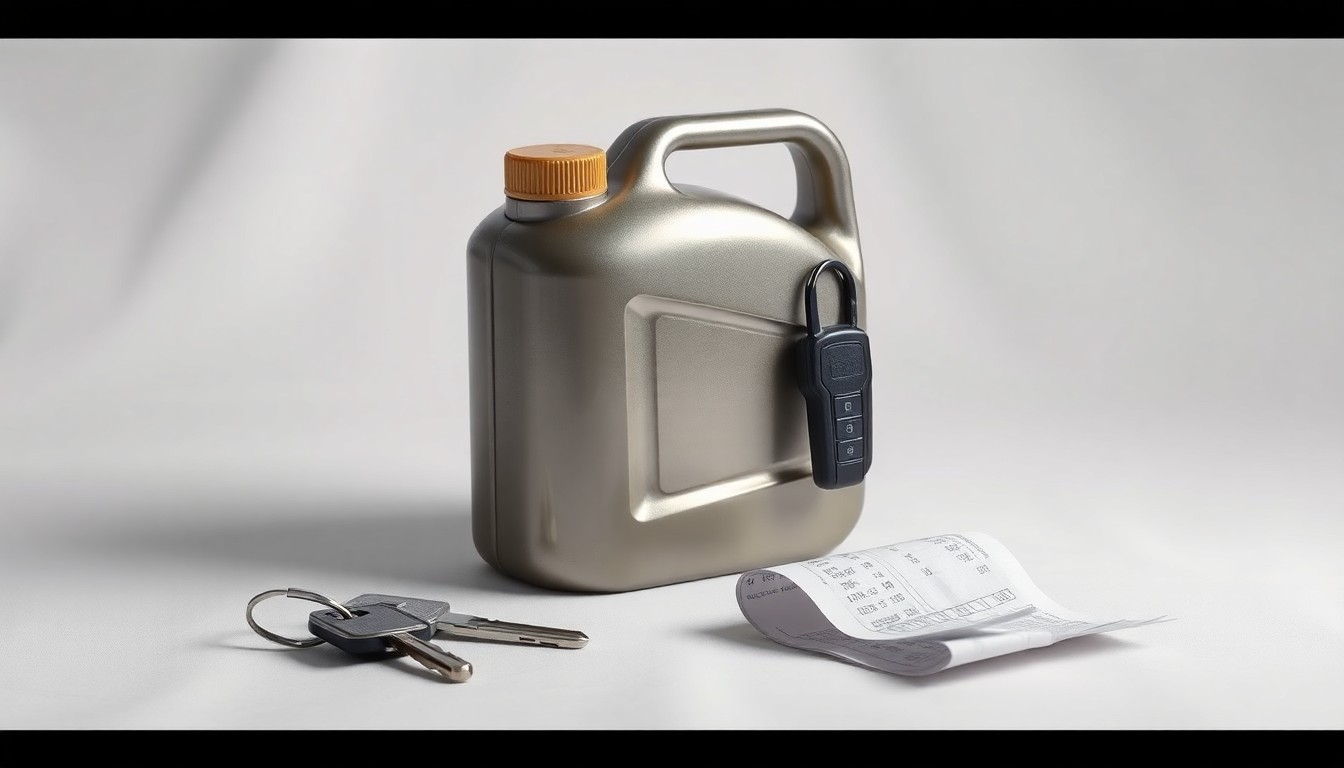 A photorealistic studio still life featuring a shiny metal gas can, a set of car keys, and a crumpled receipt, symbolizing the financial pressures of rising fuel costs on small transportation businesses.