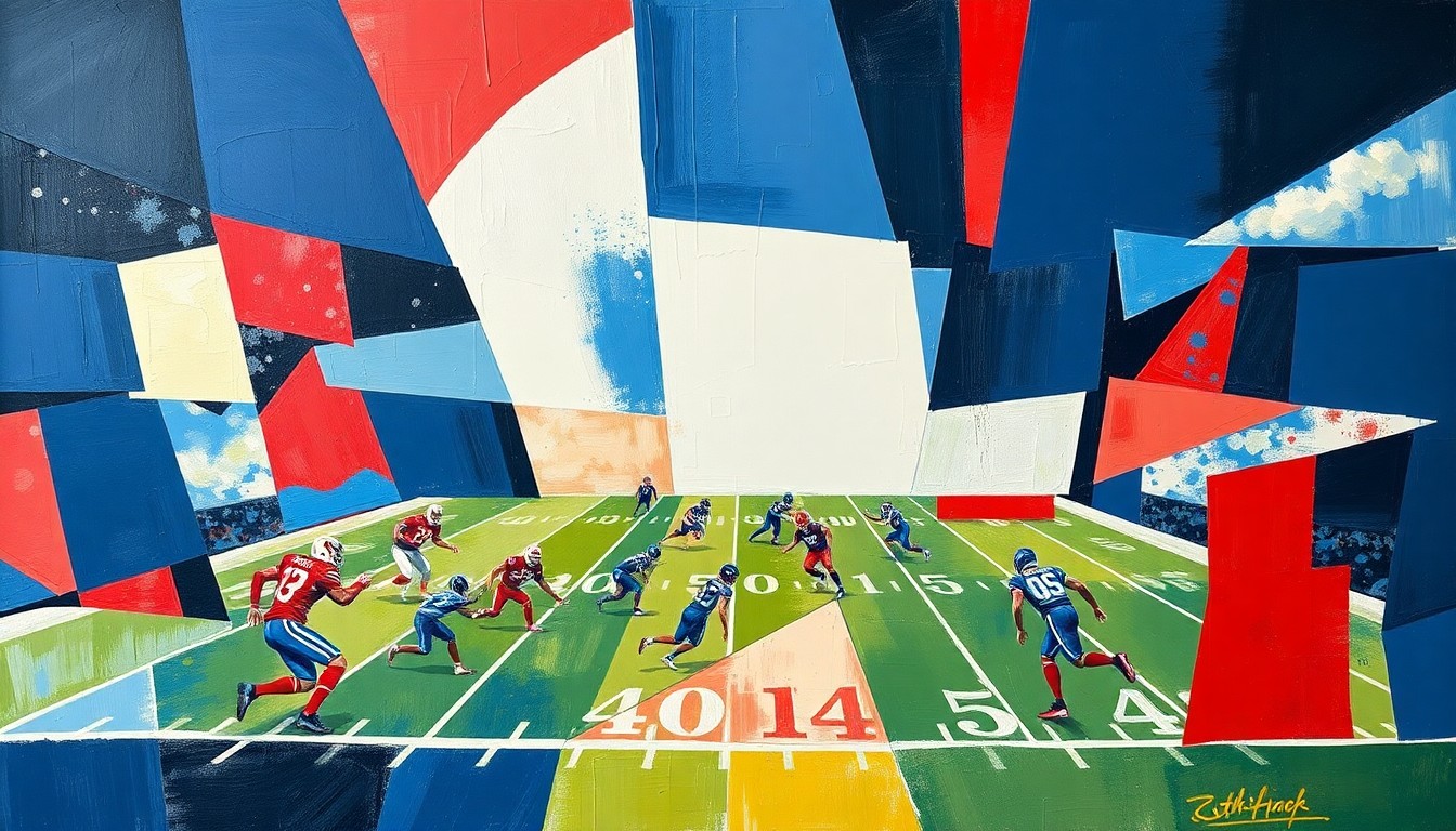 A cubist, multi-angled painting depicting a football field and players in a palette of navy, red, and white, conveying the disruption and fragmentation caused by the scandal within the Patriots organization.