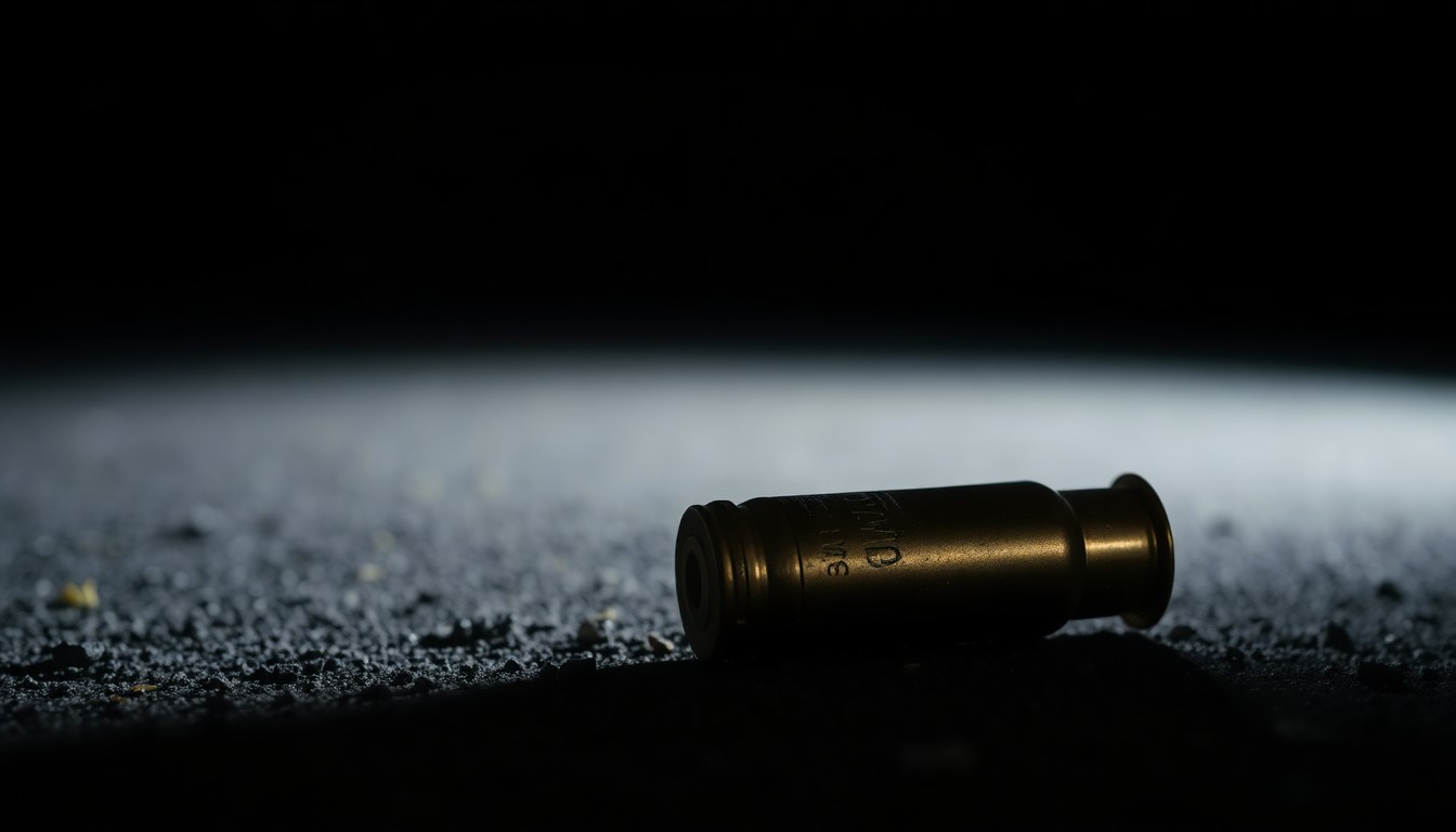 An extreme close-up photograph of a single spent shell casing on the ground, lit by a harsh camera flash against a pitch-black background, creating a stark, gritty aesthetic that conceptually represents the violence of the shooting incident.