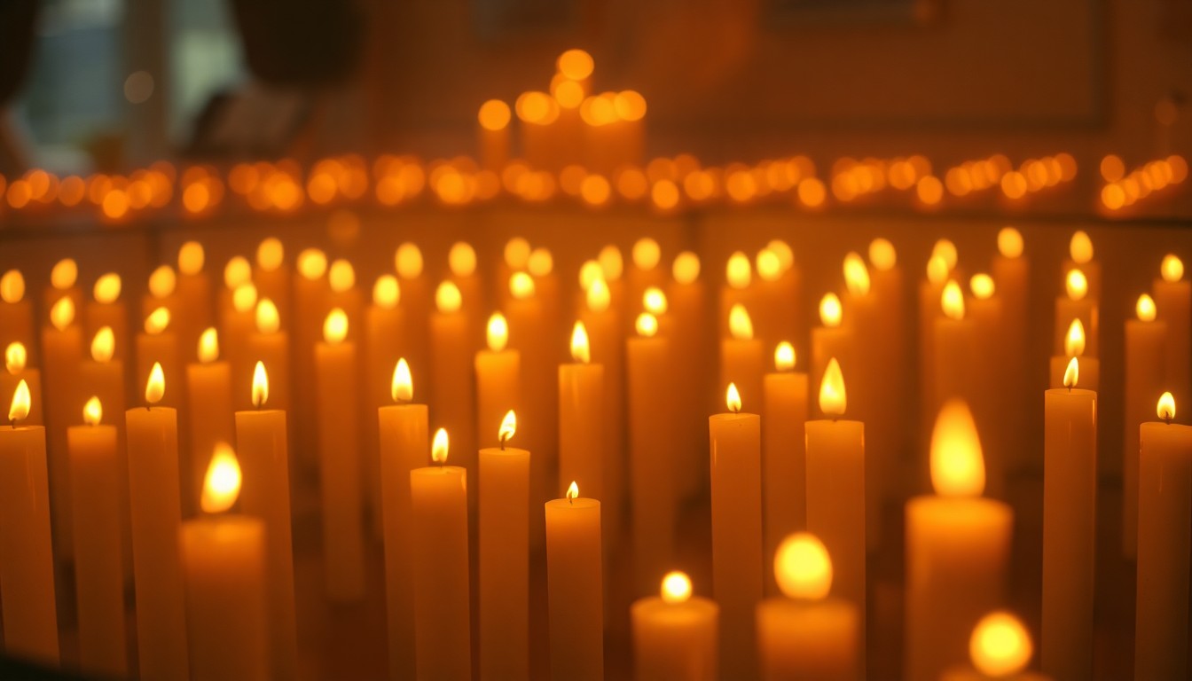 An abstract, out-of-focus photograph of a display of many flickering candles, representing the lives lost to child abuse and neglect, captured in a warm, hazy light that evokes a somber and reflective mood.