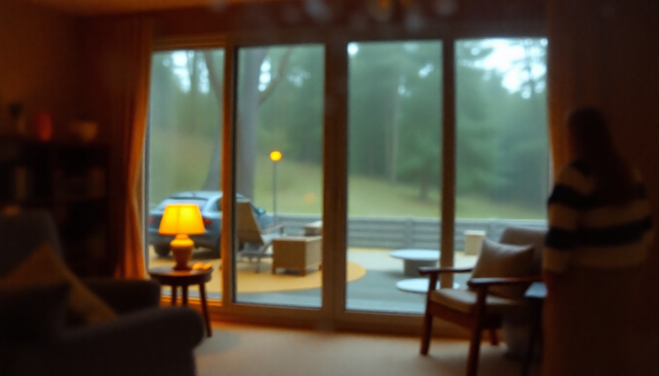 An extremely blurred and abstracted interior scene with a large window overlooking a forested backyard, conveying a sense of warmth, comfort, and connection to nature.