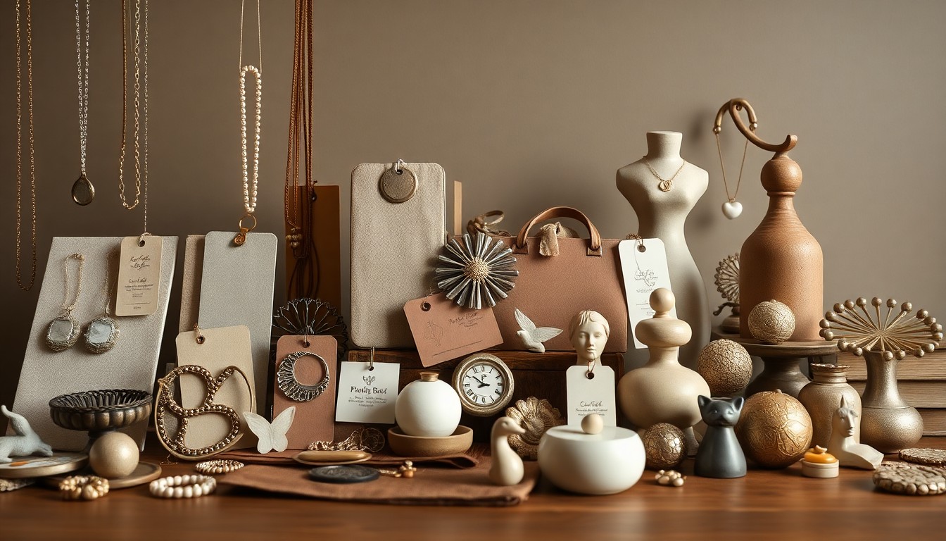 A high-end, photorealistic studio still-life photograph featuring a neatly arranged collection of retail display items in muted earth tones, conceptually representing the inventory and merchandise that vendors must now quickly pack up and find new outlets for after the sudden closure of the Painted Tree Boutiques.