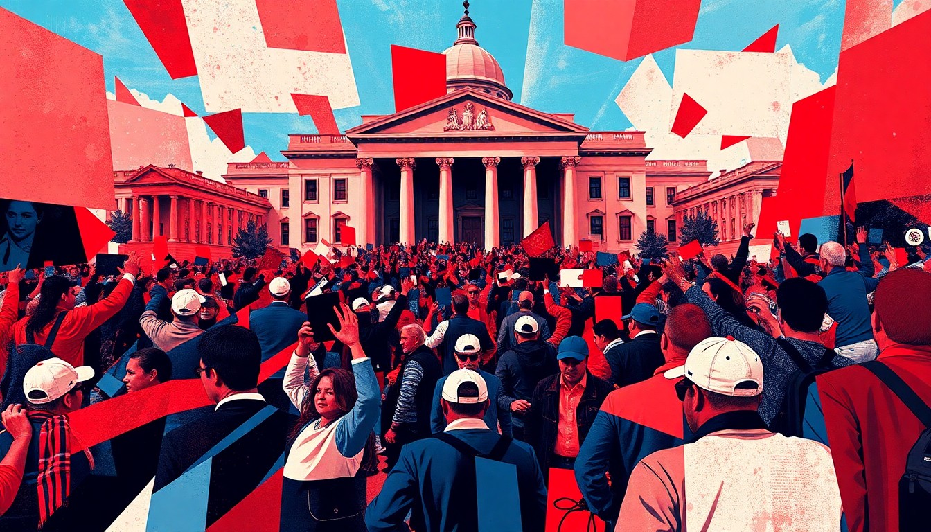 A dynamic, abstract painting of a fractured, overlapping crowd rushing towards a government building, rendered in bold, clashing colors of red, blue, and black, conveying the chaotic energy and political divisions surrounding the January 6th Capitol riots.
