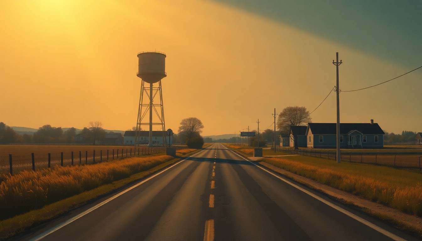 A serene, nostalgic painting of a rural road leading to a lone water tower, the scene bathed in warm sunlight and deep shadows, conceptually representing the legal dispute over a municipal infrastructure project's impact on private landowners.