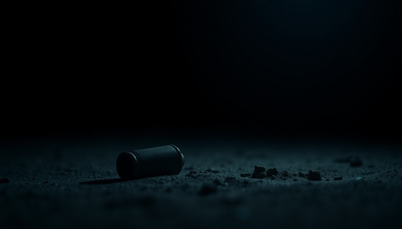 An extreme close-up photograph of a single spent shell casing on the beach, lit by a harsh direct flash against a pitch-black background, conceptually representing the public safety issues surrounding the 'Orange Crush' festival.