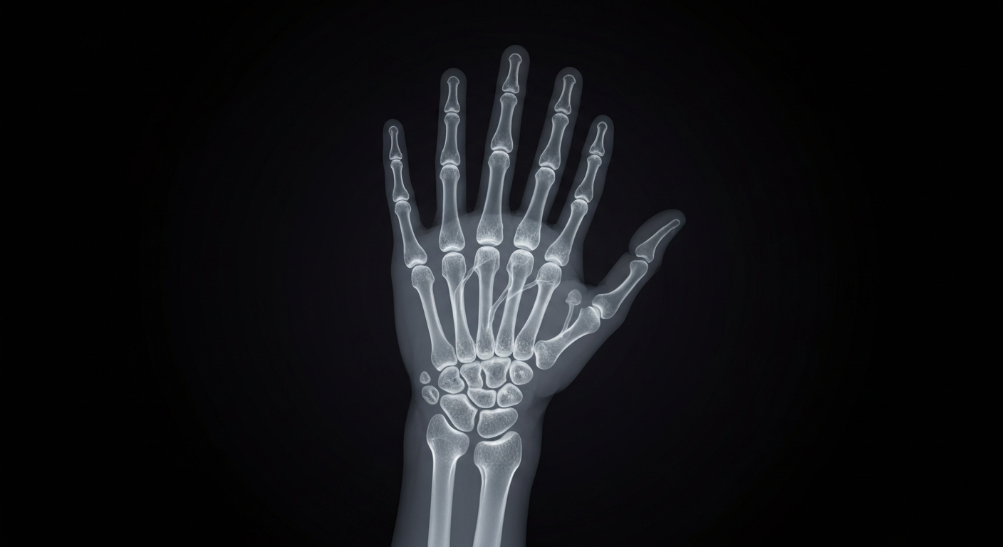 A ghostly, translucent X-ray image of a human hand, with the bones and veins glowing against a dark background, symbolizing the physical and psychological impacts of a cancer diagnosis.