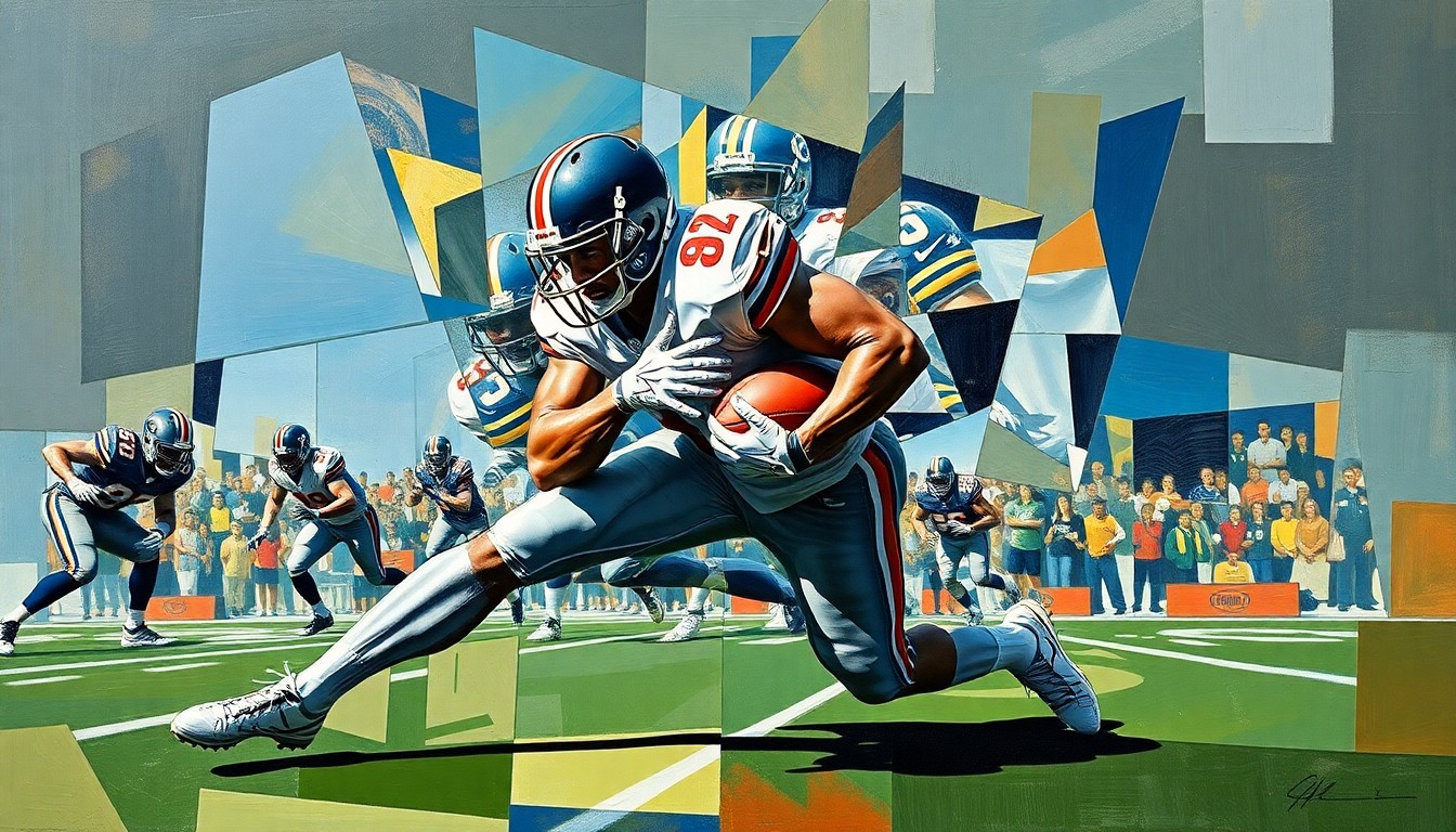 A fragmented, geometric painting depicting a football player making a tackle, with sharp, overlapping planes of color and form representing the physicality and intensity of the sport.