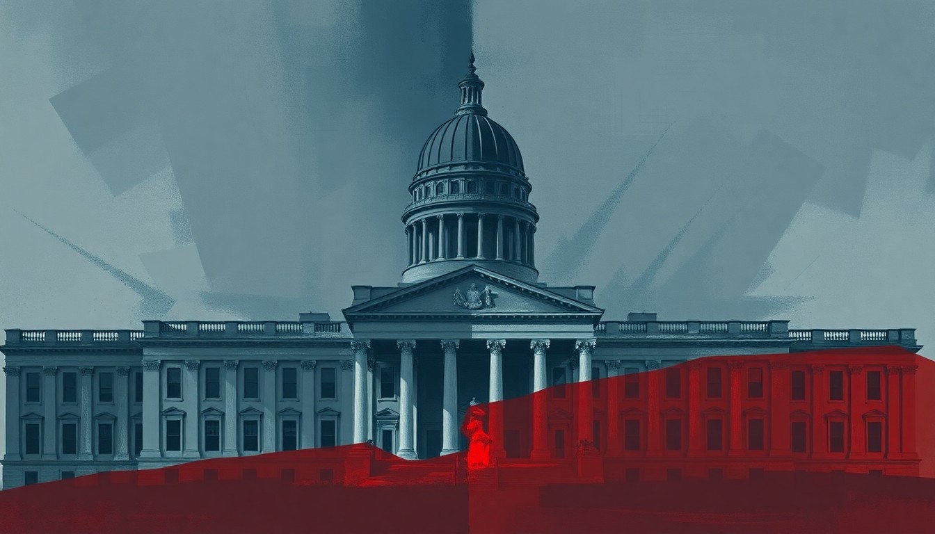 A fractured, abstract painting of a government building or political symbol in shades of navy, charcoal, and muted red, conveying a sense of political tension and division.