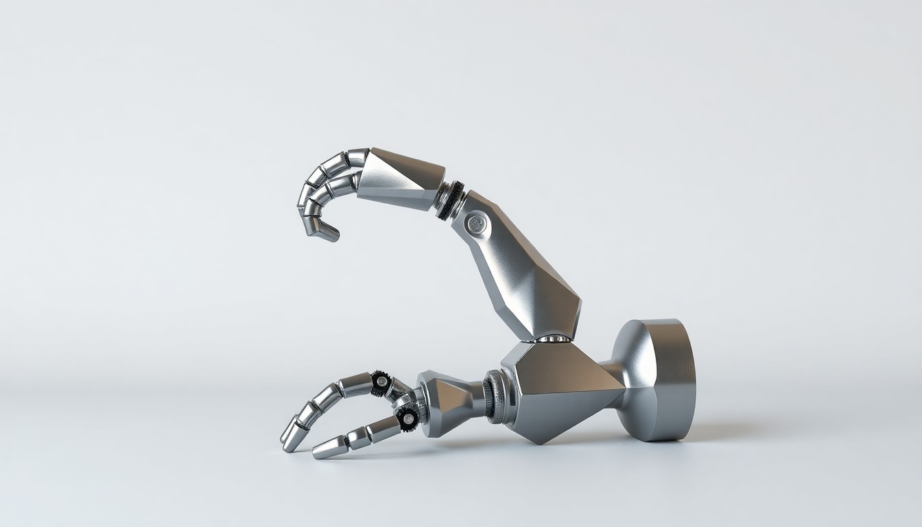 A high-end, photorealistic studio still-life photograph featuring a polished, geometric metal sculpture in the shape of a robot arm, resting on a clean, monochromatic seamless background, conceptually representing the balance between technology and craftsmanship in the home furnishings industry.