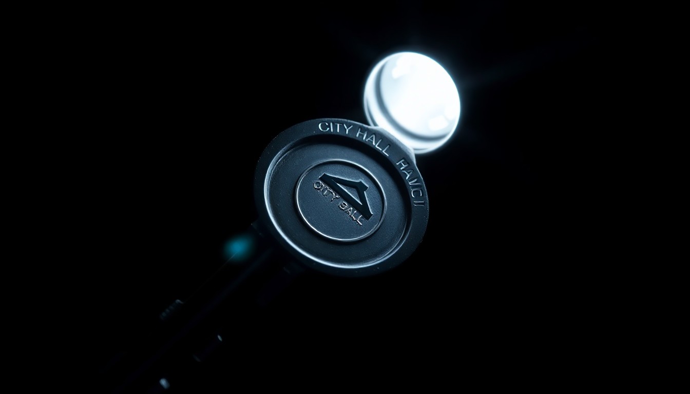 An extreme close-up photograph of a metal key with a city hall logo, lit by a harsh, direct camera flash against a pitch-black background, conceptually illustrating an investigation into municipal corruption.