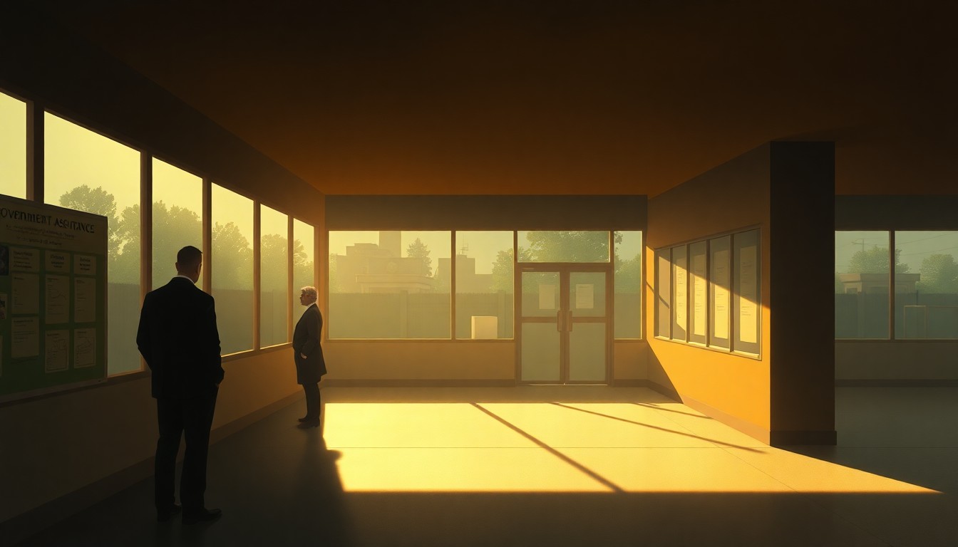 A photorealistic painting of a lone person standing in a dimly lit government office, their face obscured in shadow as they wait in line, conveying a sense of isolation and uncertainty.