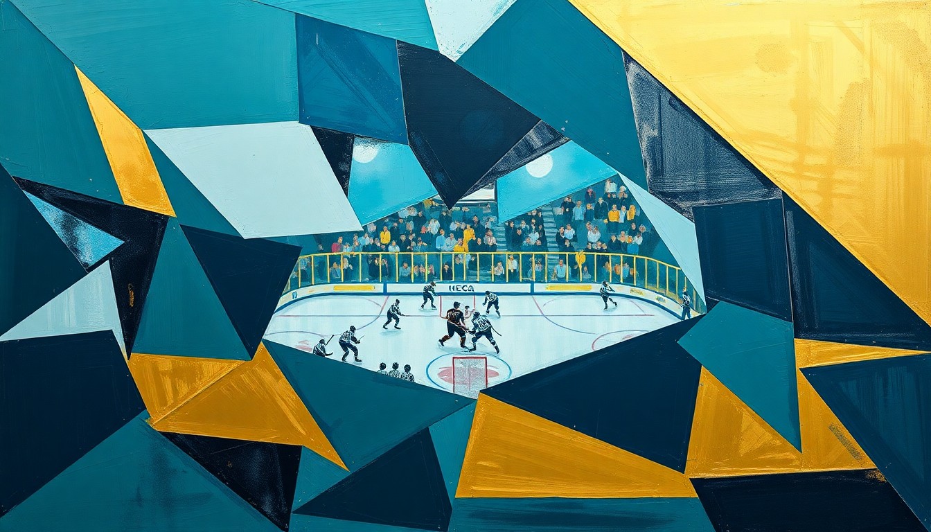 A cubist, geometric painting depicting a hockey game or match, with sharp, overlapping planes of teal, navy, and gold colors representing the dynamic action on the ice.