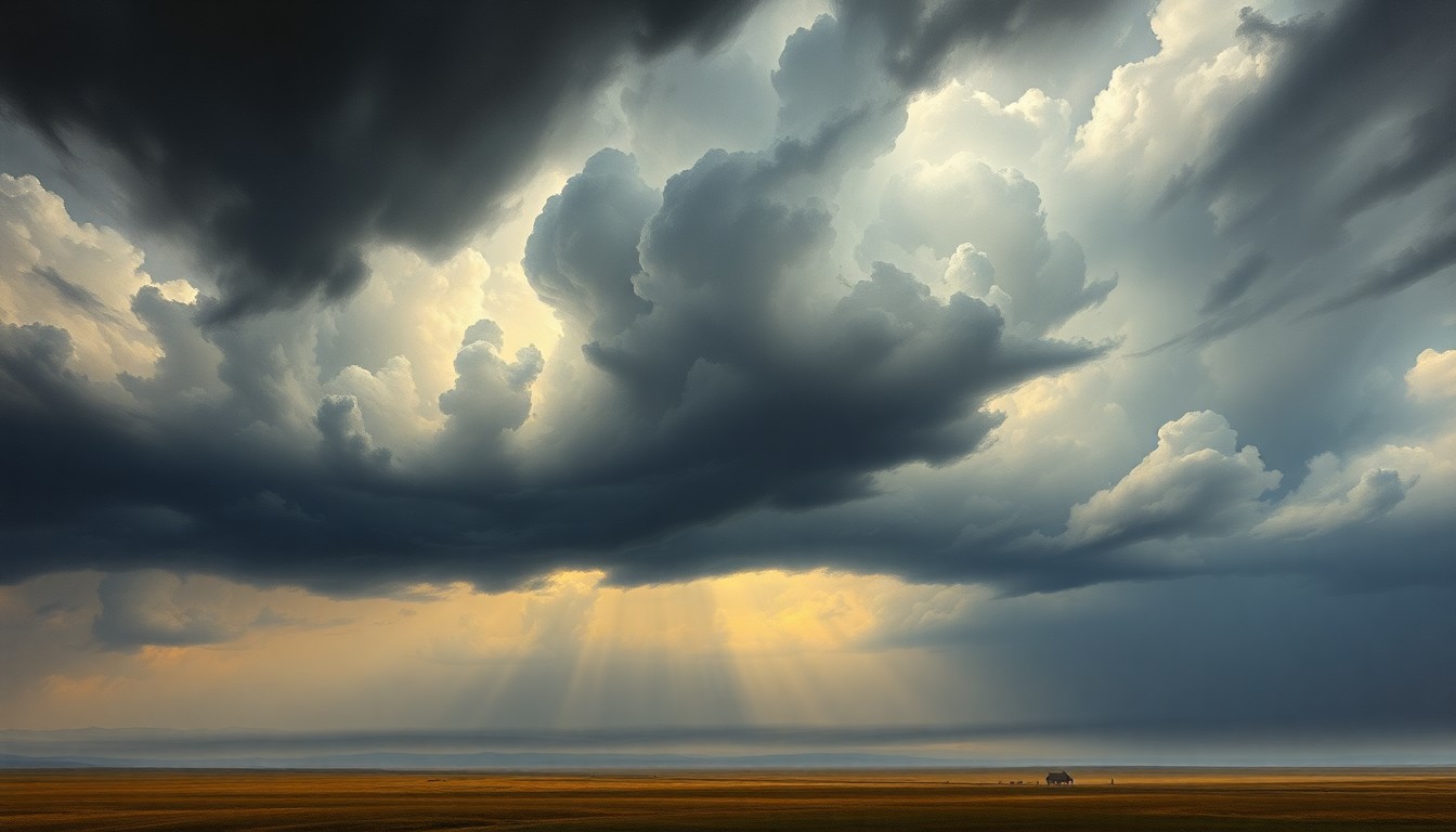 A dramatic, atmospheric landscape painting in muted tones of grey, blue, and green, with a vast, ominous sky dominating the scene and obscuring the horizon, conveying the sense of an impending severe storm.