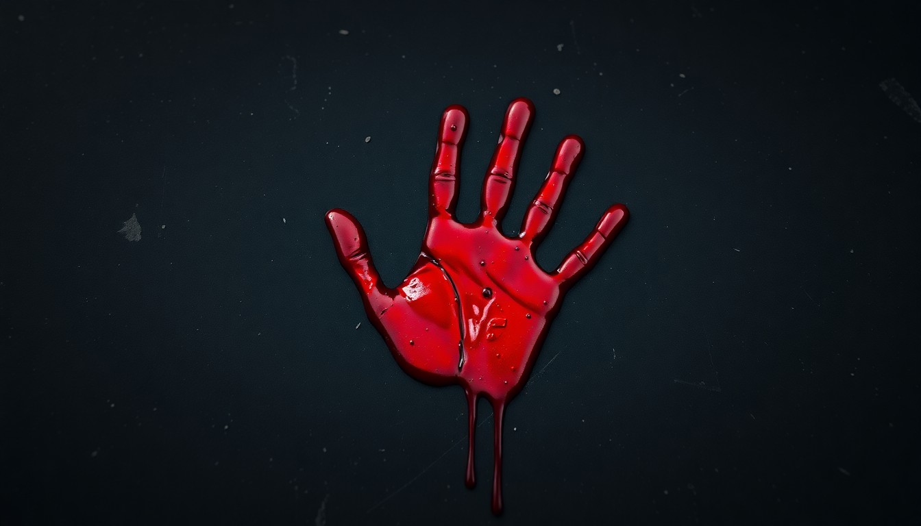 An extreme close-up photograph of a single bloody handprint on a dark surface, conceptually representing the aftermath of a violent crime without depicting any actual violence or gore.