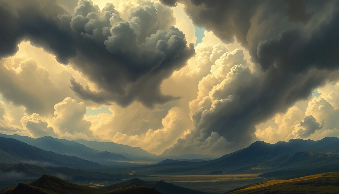A dramatic, sweeping landscape painting in muted tones of gray, blue, and green, with a turbulent, stormy sky dominating the scene. The composition uses deep perspective and atmospheric lighting to convey the overwhelming scale and force of the natural elements, dwarfing any physical structures or objects within the frame.