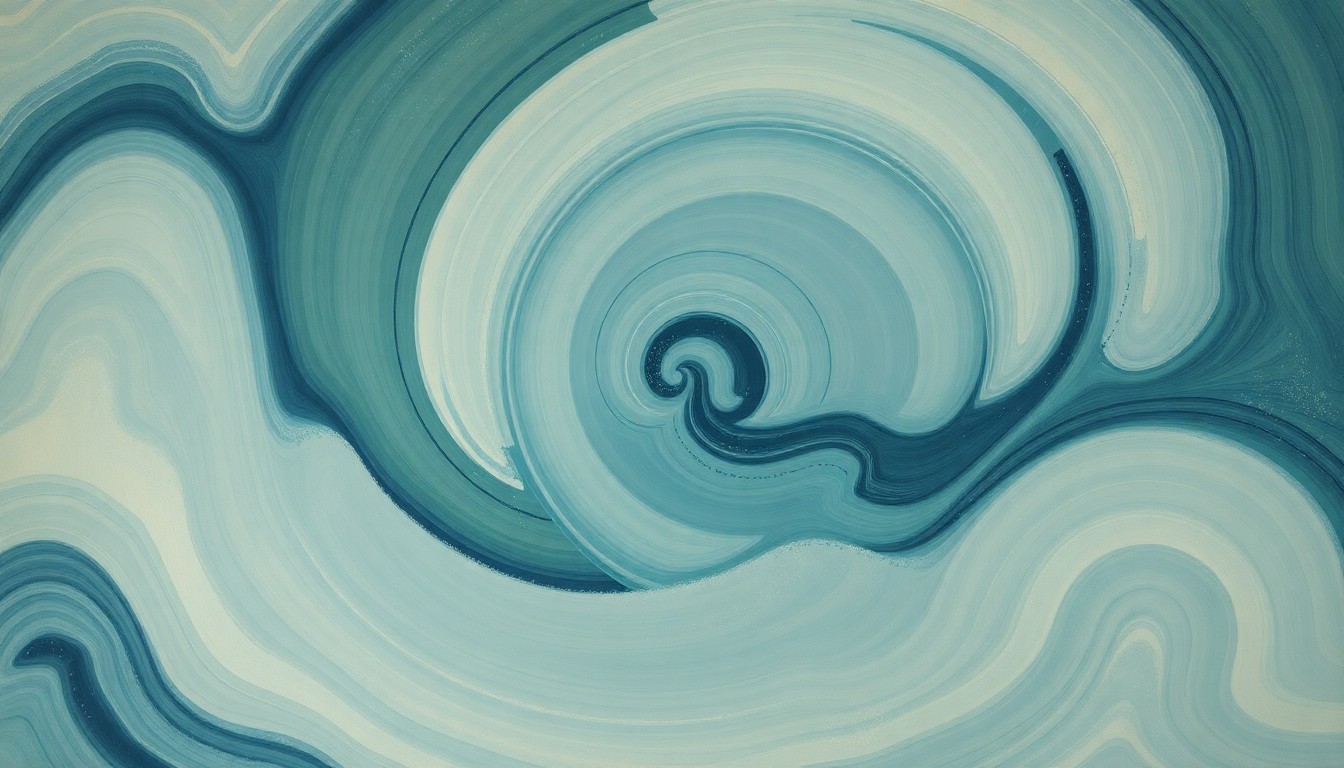 A highly textured, abstract painting in muted tones of blue, green, and gray, depicting sweeping geometric arcs, concentric circles, and precise spiral forms that conceptually represent the complex flows and patterns of ocean currents.