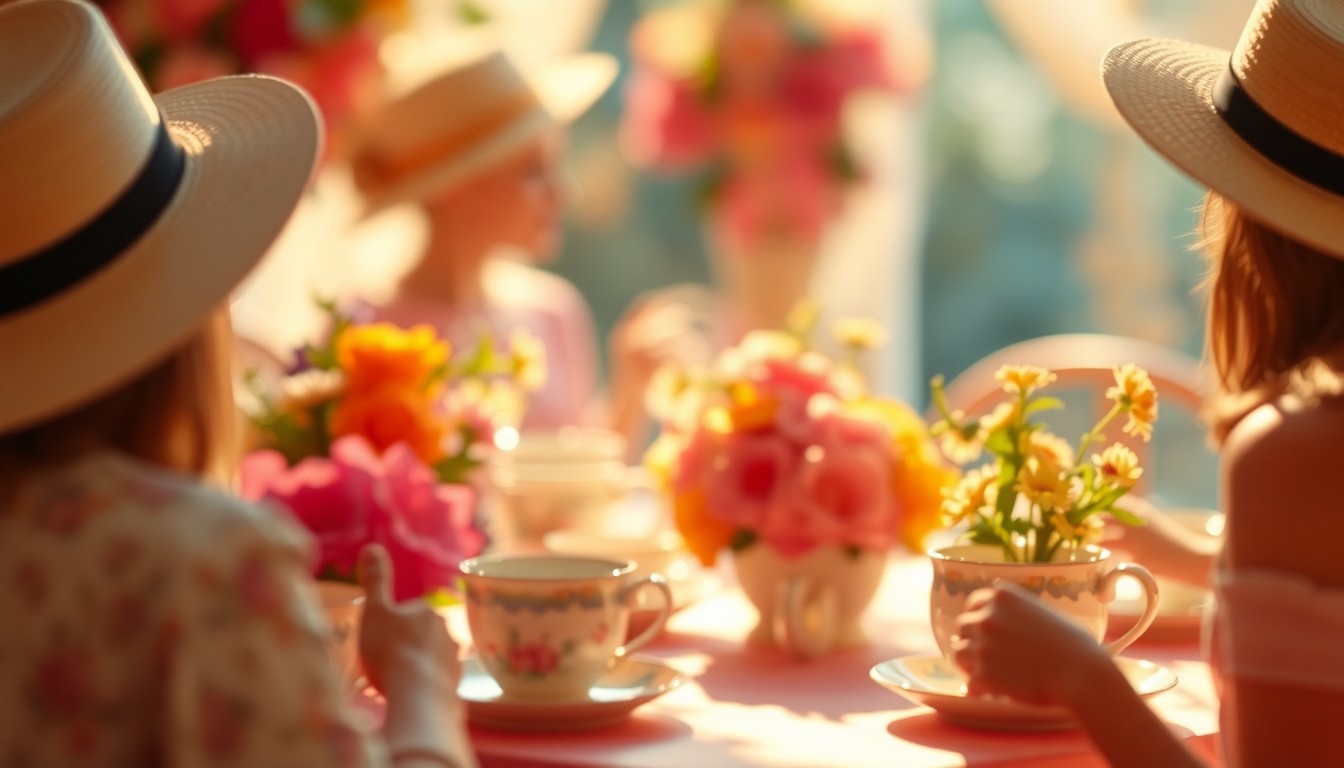 An extremely abstracted, out-of-focus photograph of a table set for a tea party, with blurred floral arrangements, teacups, and hats visible in soft pools of warm color and light, conceptually representing the festive and charitable atmosphere of the Soroptimist fundraising events.