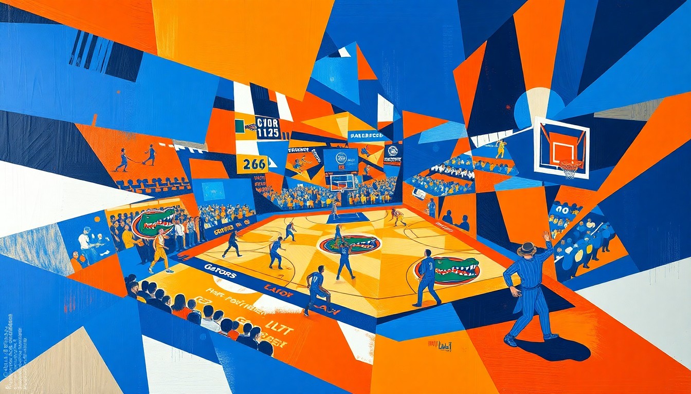 A fractured, cubist-style painting depicting the dynamic movements and energy of a basketball game, with sharp geometric shapes in the Gators' signature orange, blue, and white colors.