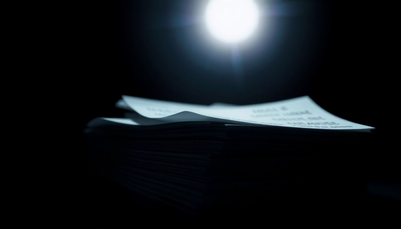 An extreme close-up photograph of a stack of medical bills or insurance documents lit by a harsh, direct camera flash against a pitch-black background, conceptually illustrating the federal investigation into suspected healthcare fraud.