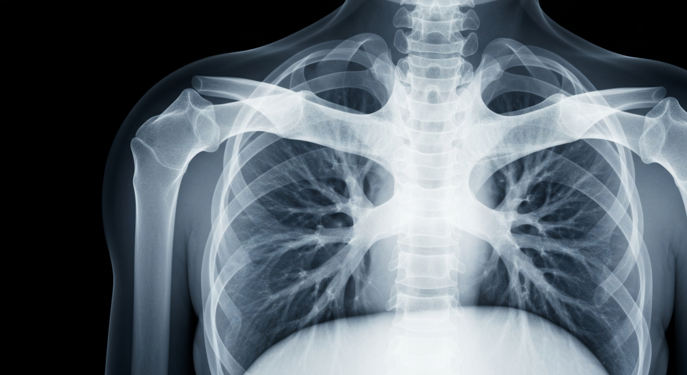 An extreme close-up X-ray photograph showing the intricate, ghostly structures of a child's lungs, conceptually illustrating the internal effects of a measles infection.