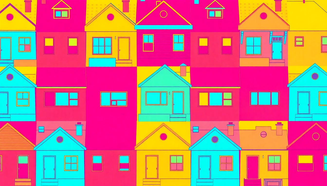 A vibrant, high-contrast silkscreen print of a simple house or storefront icon repeated in a grid pattern, conceptually representing the regulation of neighborhood structures and development.