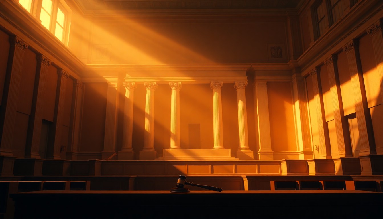 A quiet, cinematic painting of an empty Supreme Court chamber, with a single gavel resting on the bench, bathed in warm, diagonal sunlight and deep shadows, conceptually illustrating the uncertainty surrounding the court's future.