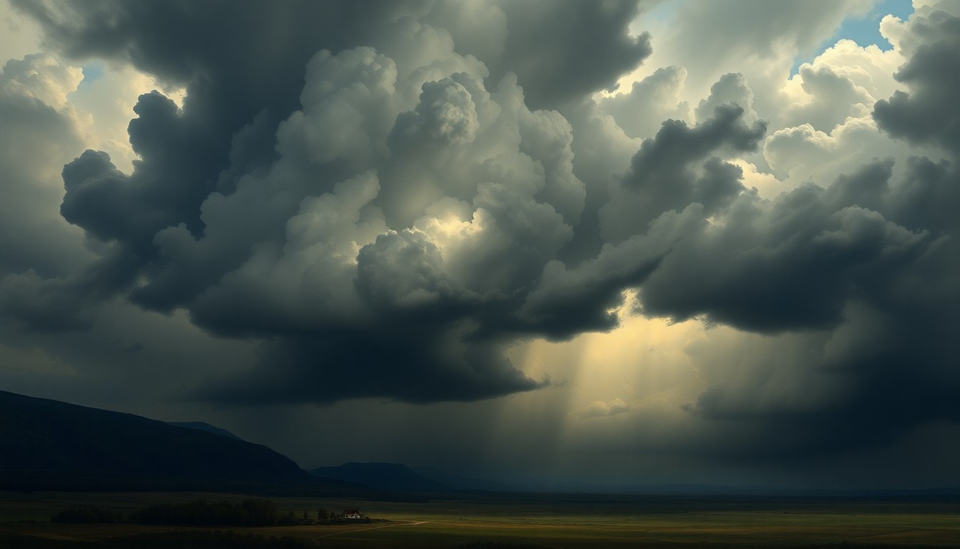 A vast, atmospheric landscape painting in muted tones of gray, blue, and black, with a massive, swirling storm cloud system dominating the sky and dwarfing the small, indistinct structures below, conveying the overwhelming power of severe weather.