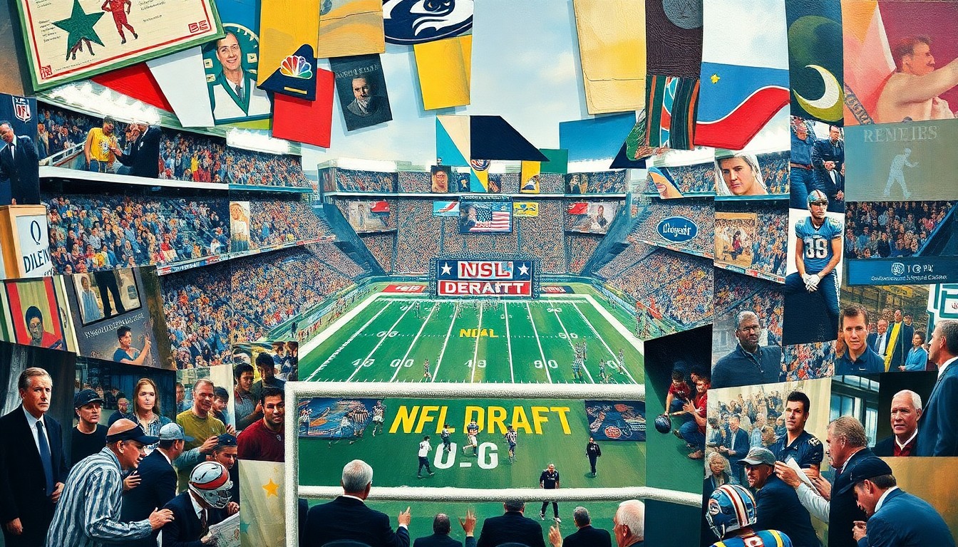 A cubist, geometric painting depicting fragmented football players, draft prospects, and team logos, conveying the complex negotiations and strategic decisions surrounding a potential NFL Draft trade.
