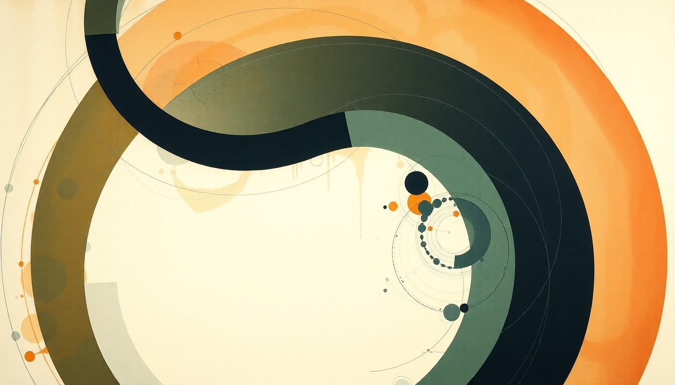 A bold, abstract painting in soft earth tones featuring sweeping geometric forms, concentric circles, and precise botanical spirals, conceptually representing the complex chemical and physical processes involved in converting waste materials into methanol fuel.