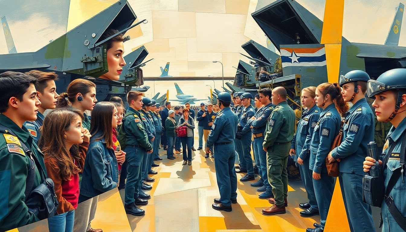 A cubist, geometric painting depicting high school students interacting with Air Force personnel and equipment, the figures and objects broken down into sharp, overlapping planes of color and shape to capture the energy and excitement of the event.