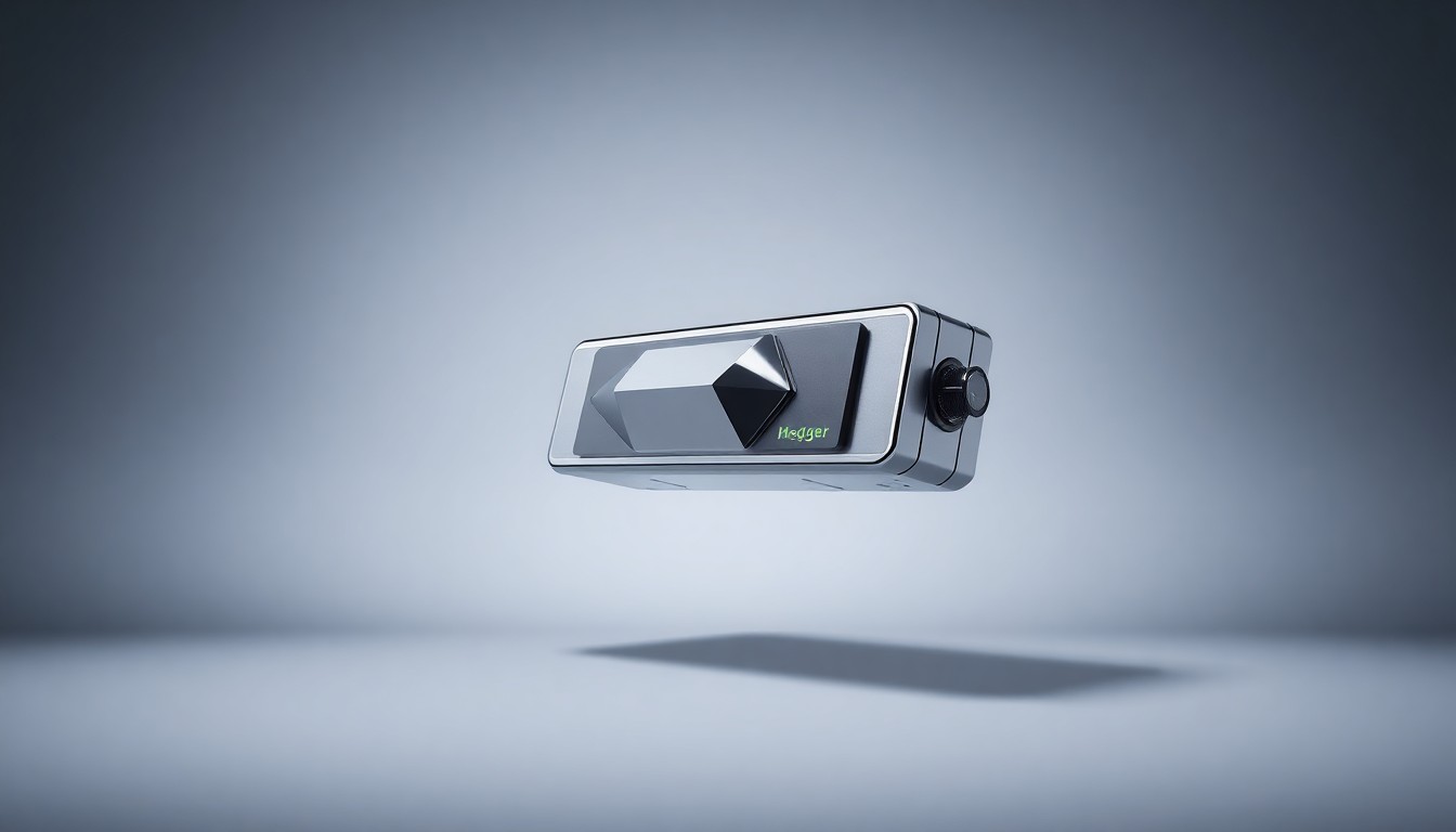 A high-end, photorealistic studio still-life photograph featuring a polished, chrome-plated electrical testing device with sleek, geometric forms floating on a clean, monochromatic background, conceptually representing the advanced technology and data-driven capabilities that ESCO will gain through the Megger acquisition.