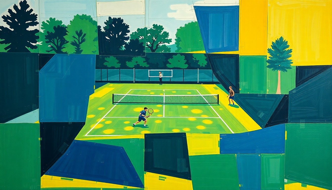 A cubist, geometric painting depicting a high school tennis match, with overlapping planes of navy, green, and yellow representing the dynamic action on the court.