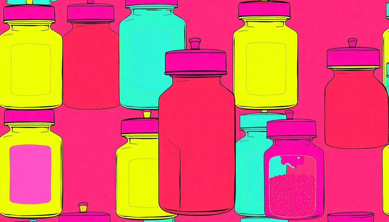 A high-contrast silkscreen print of a single, iconic culinary object such as a spice jar or pepper grinder, repeated in a tight grid pattern with flat, vibrant, and unnatural neon color palettes overlapping with heavy black photographic outlines, conceptually representing the convergence of food, fashion, and art.