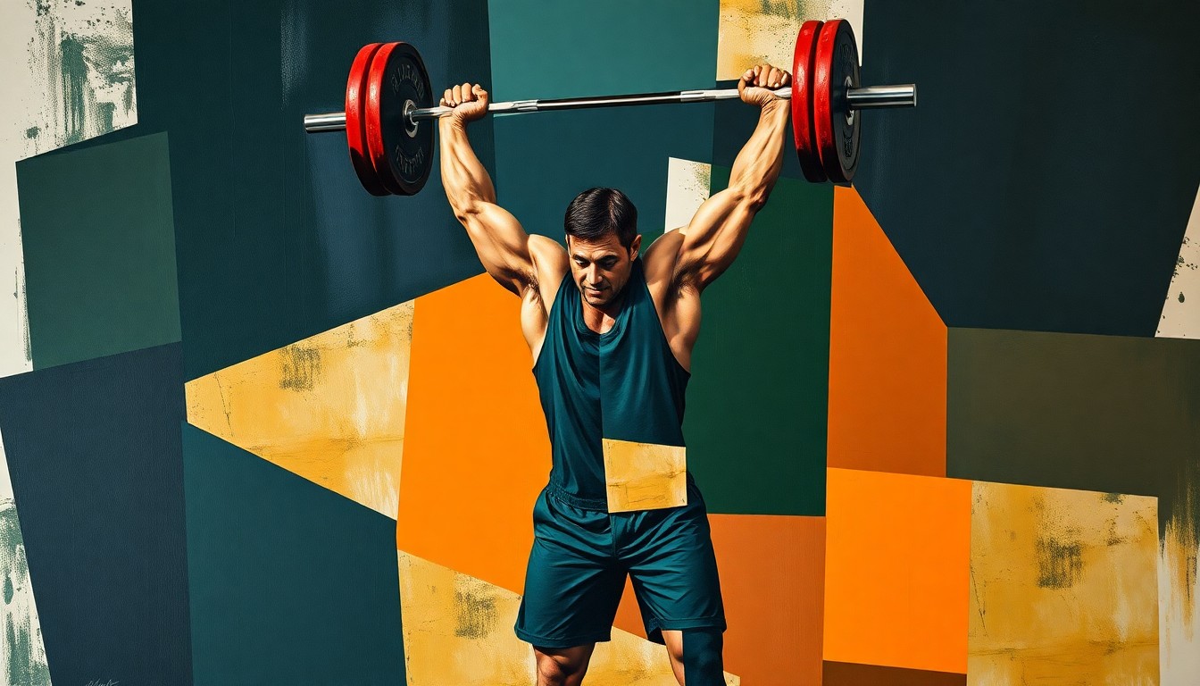 A cubist, geometric painting depicting a CrossFit athlete in mid-lift, with their body fractured into overlapping planes of navy, green, and orange, conveying the competitive intensity and unpredictability of the Mayhem Classic event.