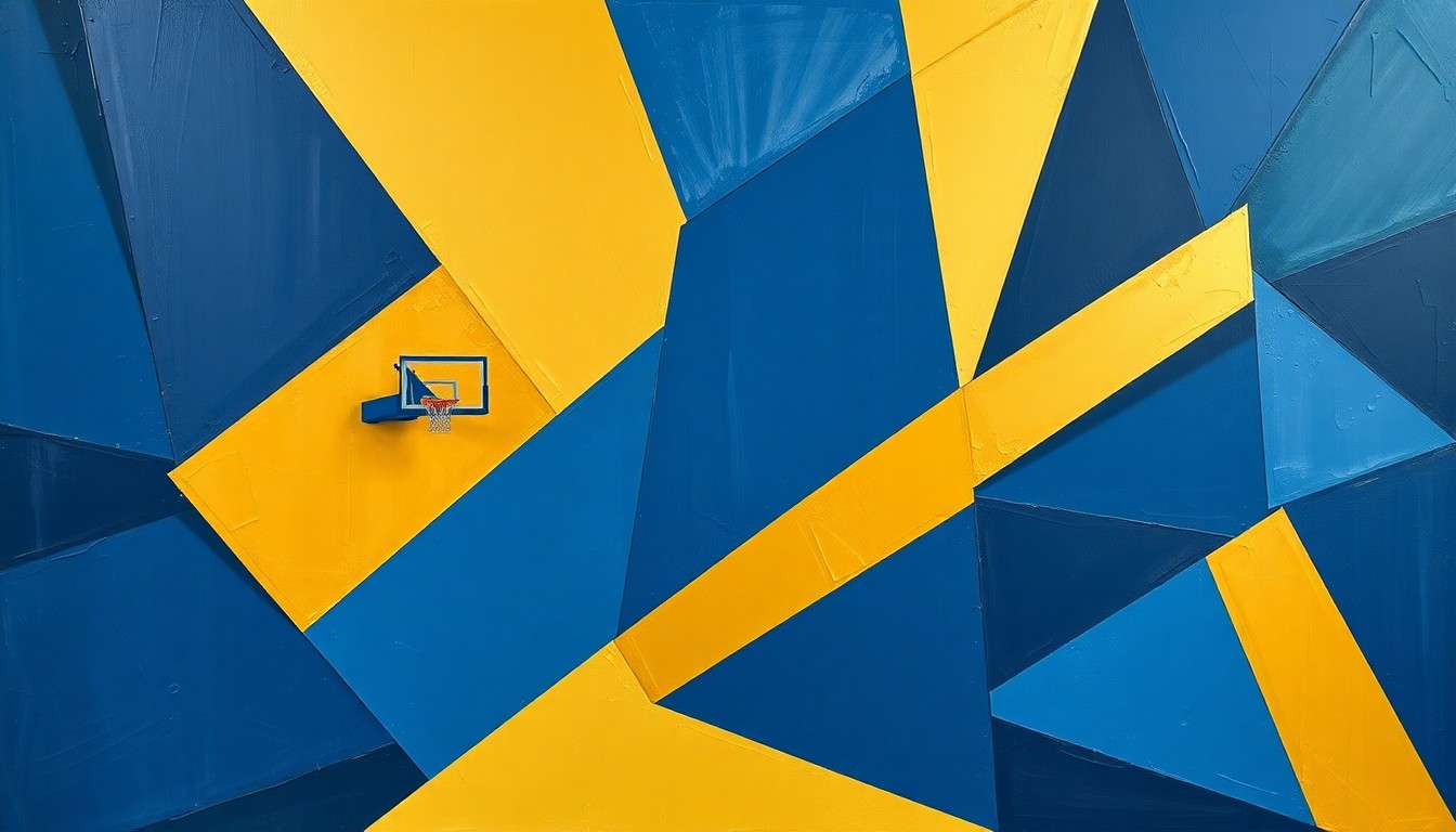 A cubist, geometric painting depicting a fragmented basketball game, with sharp planes of navy blue, royal blue, and gold representing the dynamic action on the court.