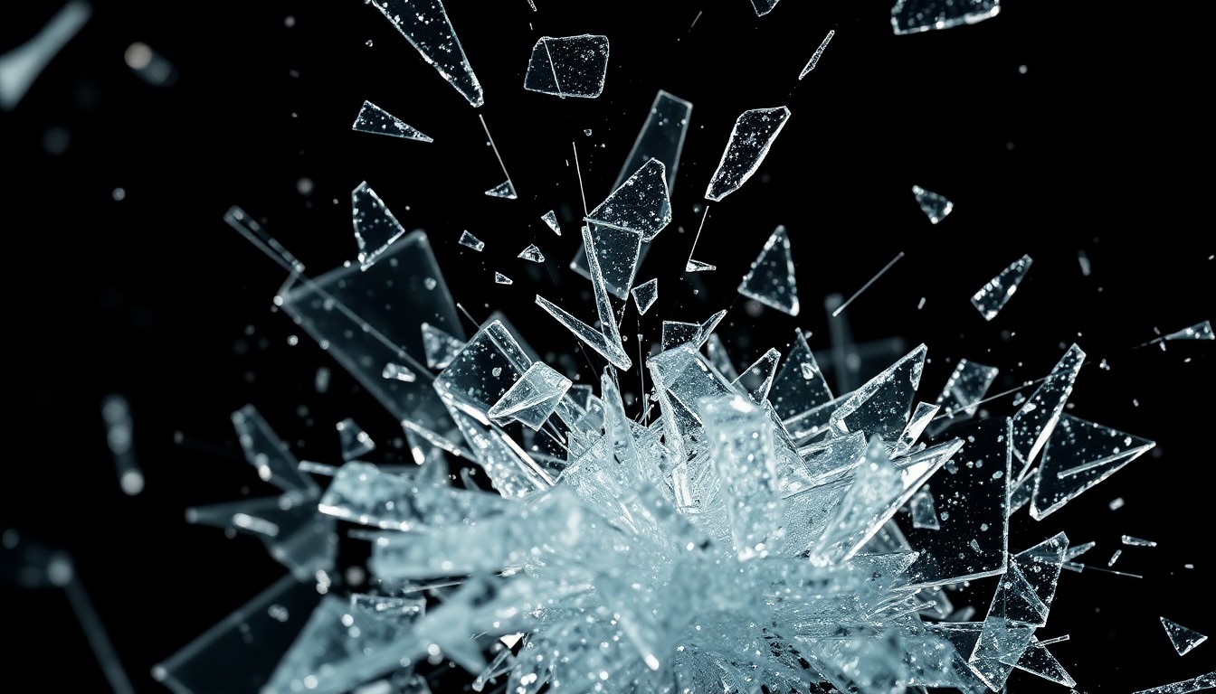An extreme close-up photograph of shattered glass and glittering shards, conceptually representing the fragility and uncertainty of a celebrity's comeback attempt after a fall from grace.