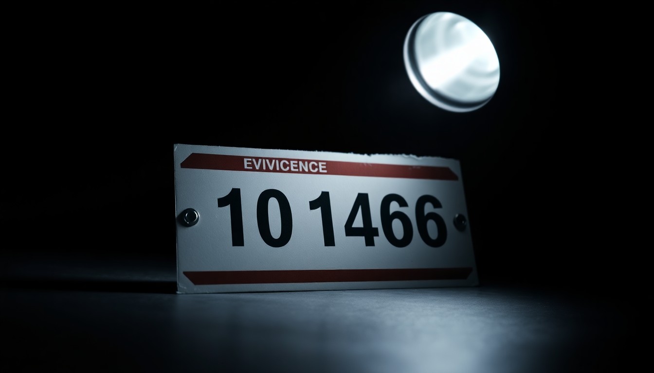 An extreme close-up photograph of a police evidence marker, such as a numbered placard, lit by a harsh, direct camera flash against a pitch-black background, creating a stark, gritty, investigative aesthetic.