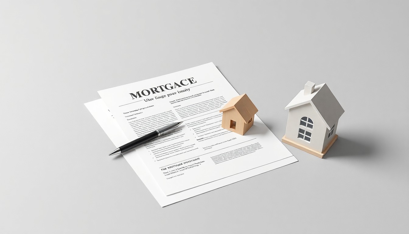 A photorealistic studio still-life featuring a stack of mortgage documents, a pen, and a house-shaped paperweight on a clean, monochromatic grey background, symbolizing the personalized mortgage services and community commitment of the new NFM Lending branch in Charleston.