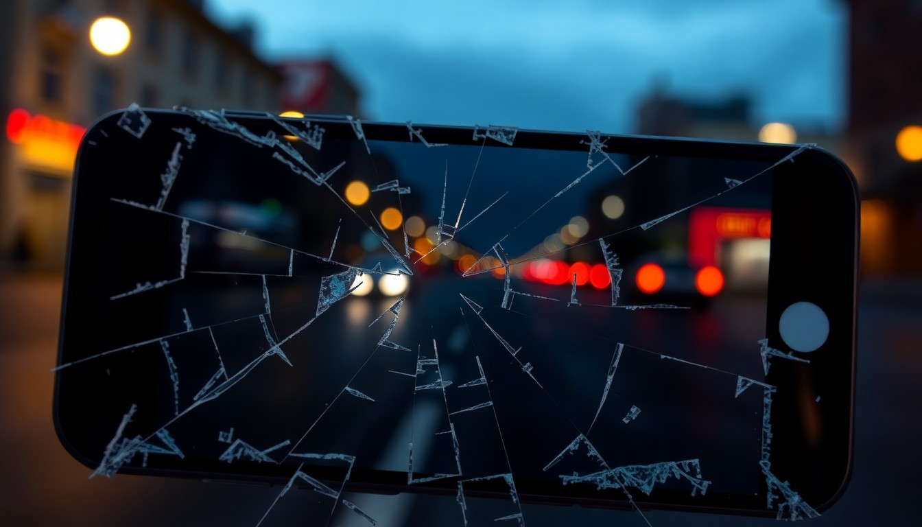 An extreme close-up of a shattered smartphone screen reflecting a blurry, distorted image of a city street at night, conceptually representing the aftermath of a violent confrontation.