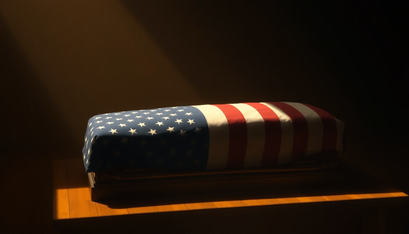 A serene, photorealistic painting of an American flag draped over a simple wooden casket, the casket bathed in warm, golden light and surrounded by deep shadows, conveying a sense of reverence and nostalgia.