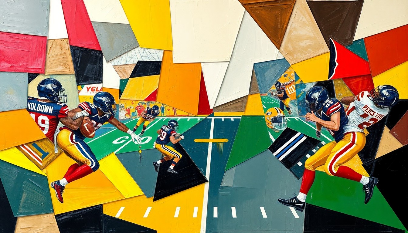 A fractured, cubist-style painting depicting the action and energy of a high school football game, with the players and field broken down into sharp, overlapping geometric shapes and planes in the team's official colors.