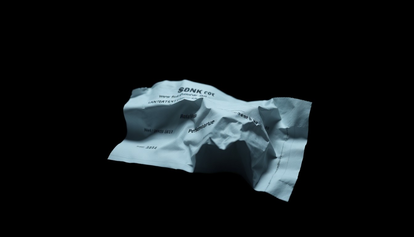 An extreme close-up photograph of a crumpled bank receipt or money transfer document, capturing the dramatic textures and shadows created by the harsh flash lighting against a dark background, conceptually representing the stark reality of financial fraud.
