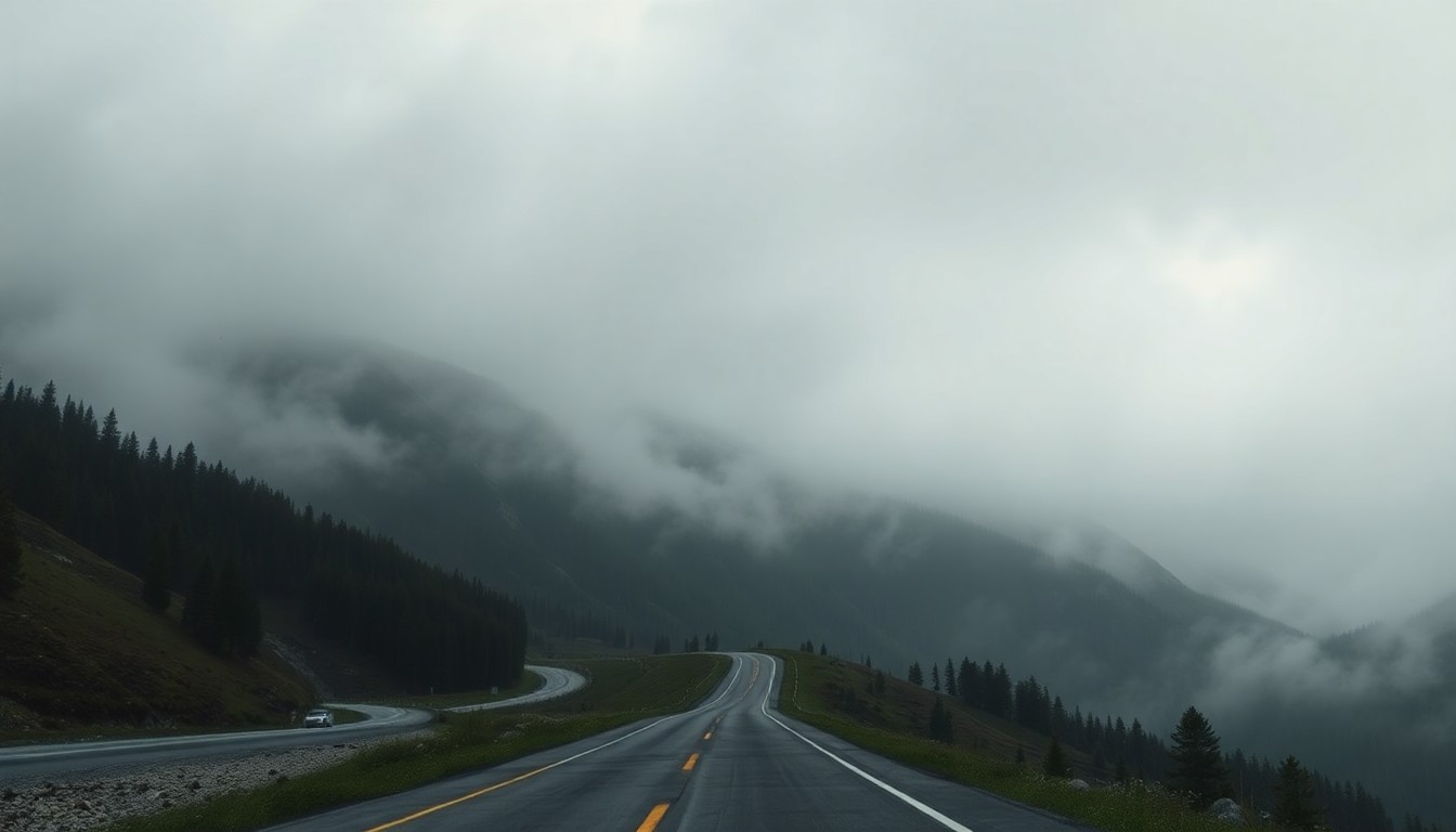A vast, atmospheric landscape painting in muted tones of gray, blue, and green, with a winding mountain road partially obscured by thick fog, conveying the overwhelming scale and power of the natural environment.